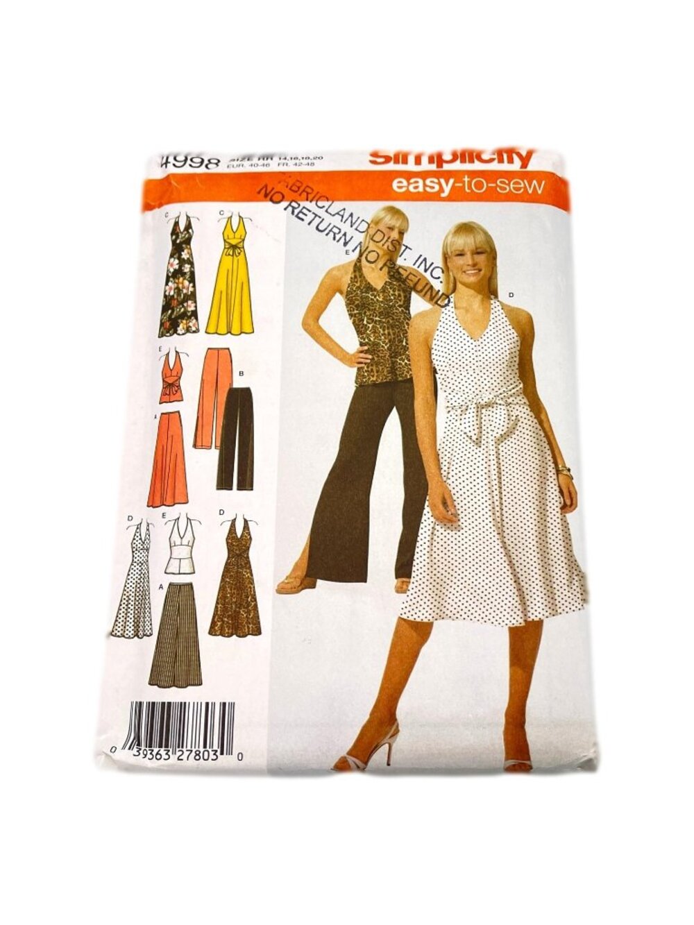 Simplicity Pattern 4998 Sundress‎ Top Pants Sewing Pattern Size 14 16 18 20